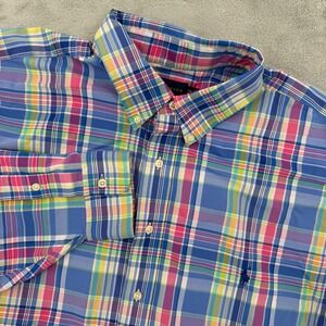 Ralph Lauren Performance Mens Blue Plaid Button Down Shirt Stretch Size 2XB